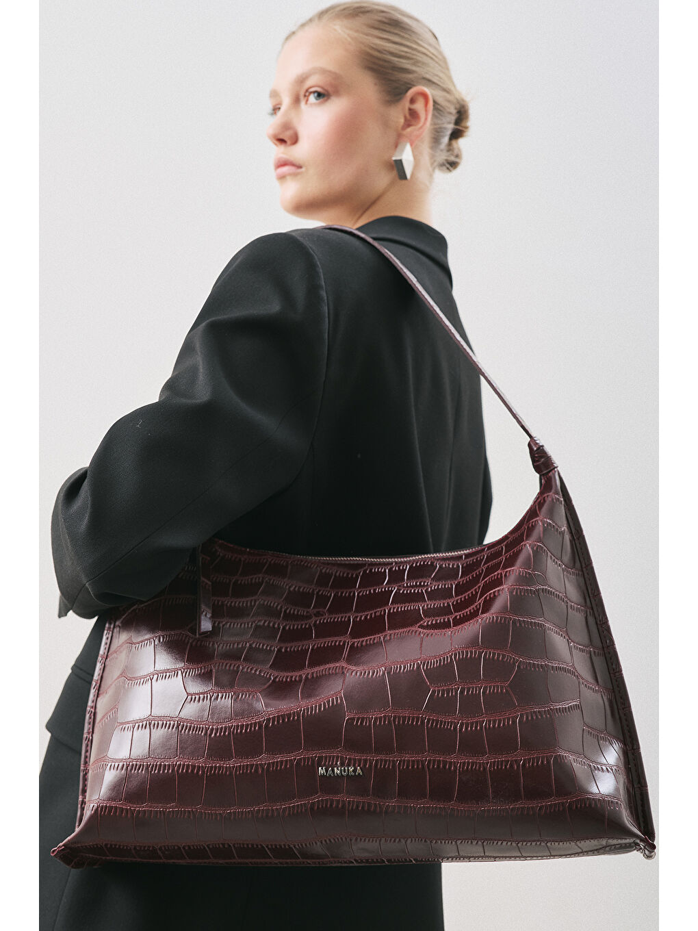 Dokulu Deri Omuz Çantası Bordo