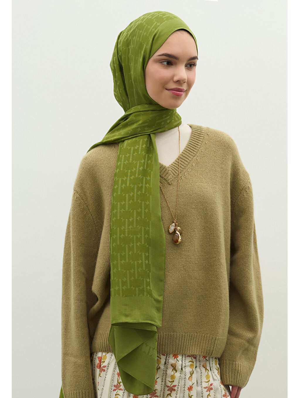 Yeşil MONOGRAM PAMUK FLOŞ JAKARLI ŞAL ORMAN-1