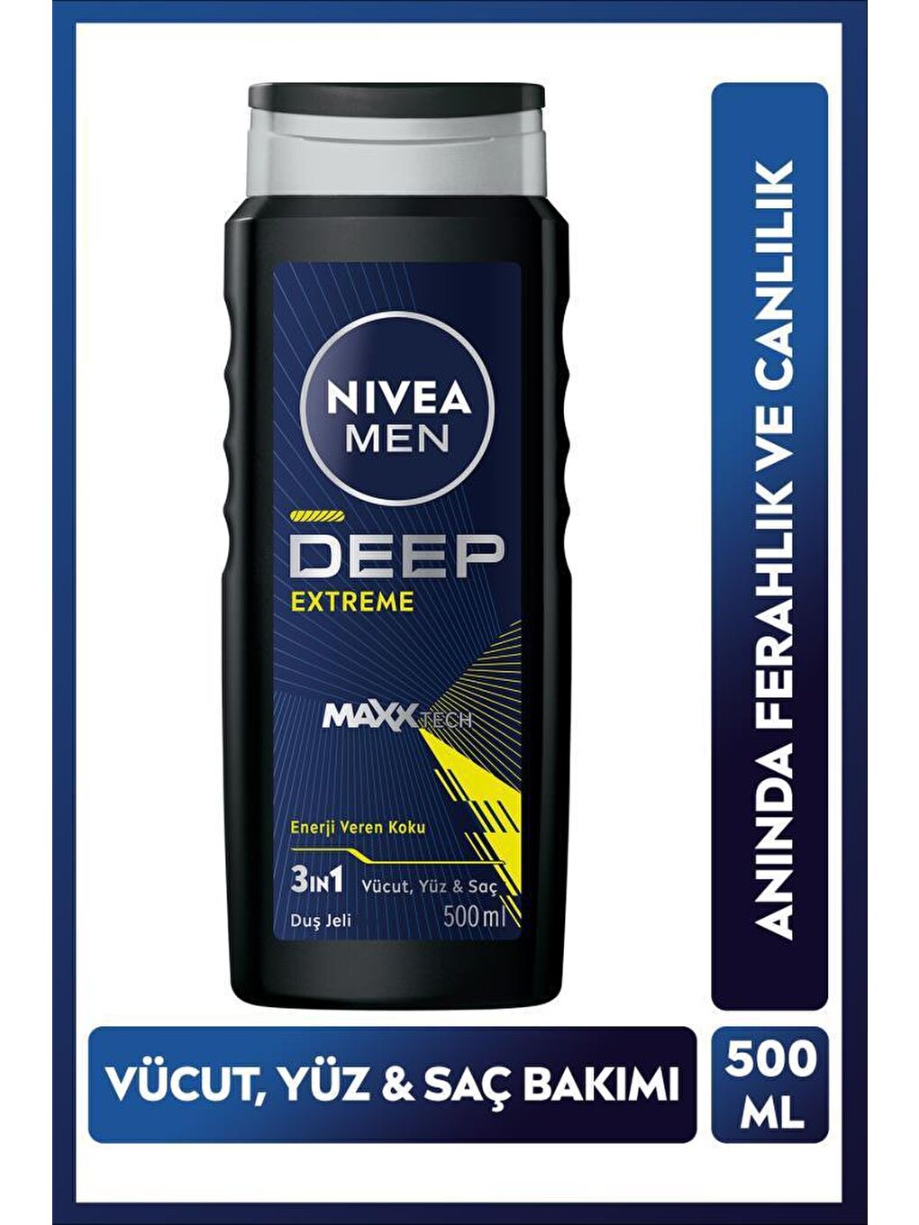 NIVEA Şeffaf Erkek Deep Extreme Duş Jeli 500ml, 3'ü 1 Arada Komple Bakım, Vücut, Saç ve Yüz Için, Ferahlık