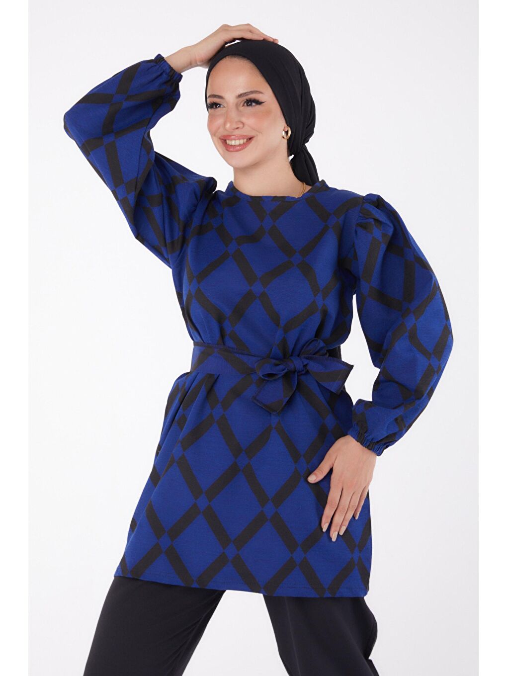 Bisiklet Yaka Kadın Mavi Desenli İkili Takım - 13245-2