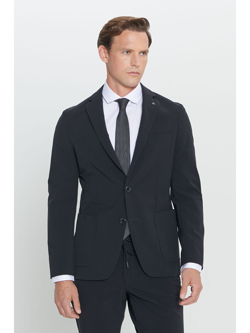 Erkek Koyu Lacivert Slim Fit Dar Kesim Mono Yaka Takım Elbise