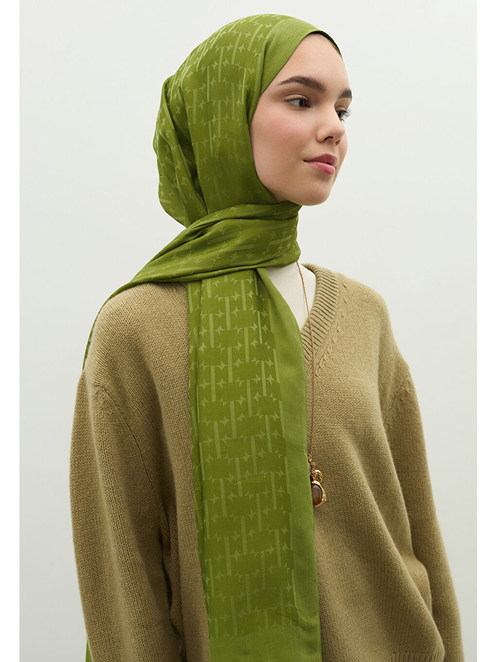 Yeşil MONOGRAM PAMUK FLOŞ JAKARLI ŞAL ORMAN-2