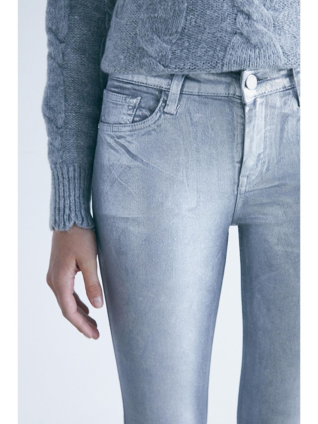 Gri Gümüş Yüksek Bel Varak Sıvamalı Jean Pantolon-4