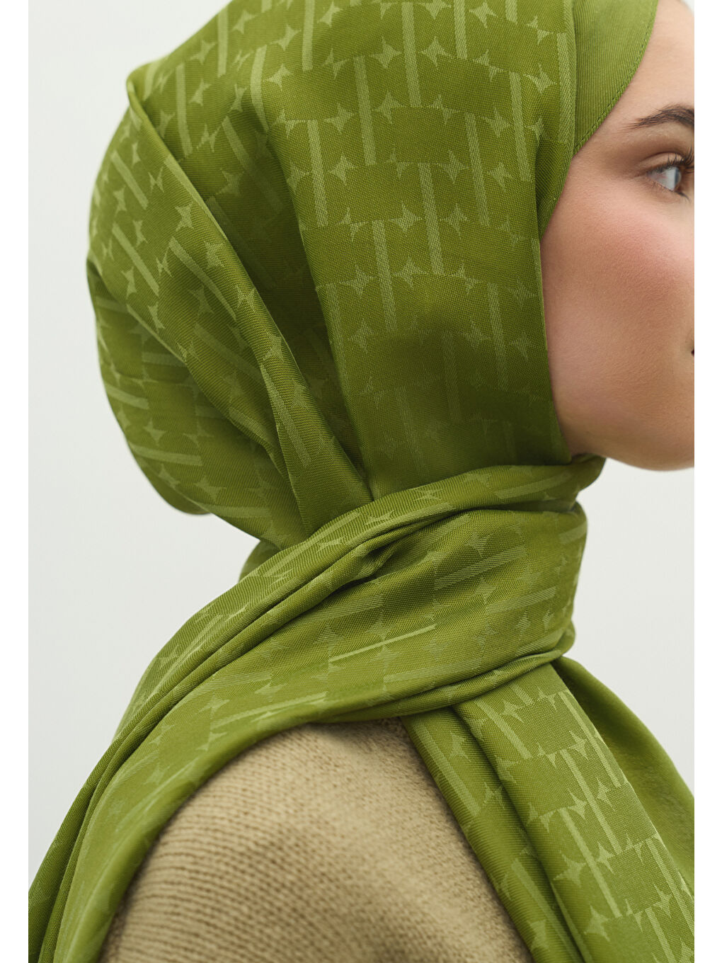 Yeşil MONOGRAM PAMUK FLOŞ JAKARLI ŞAL ORMAN-3