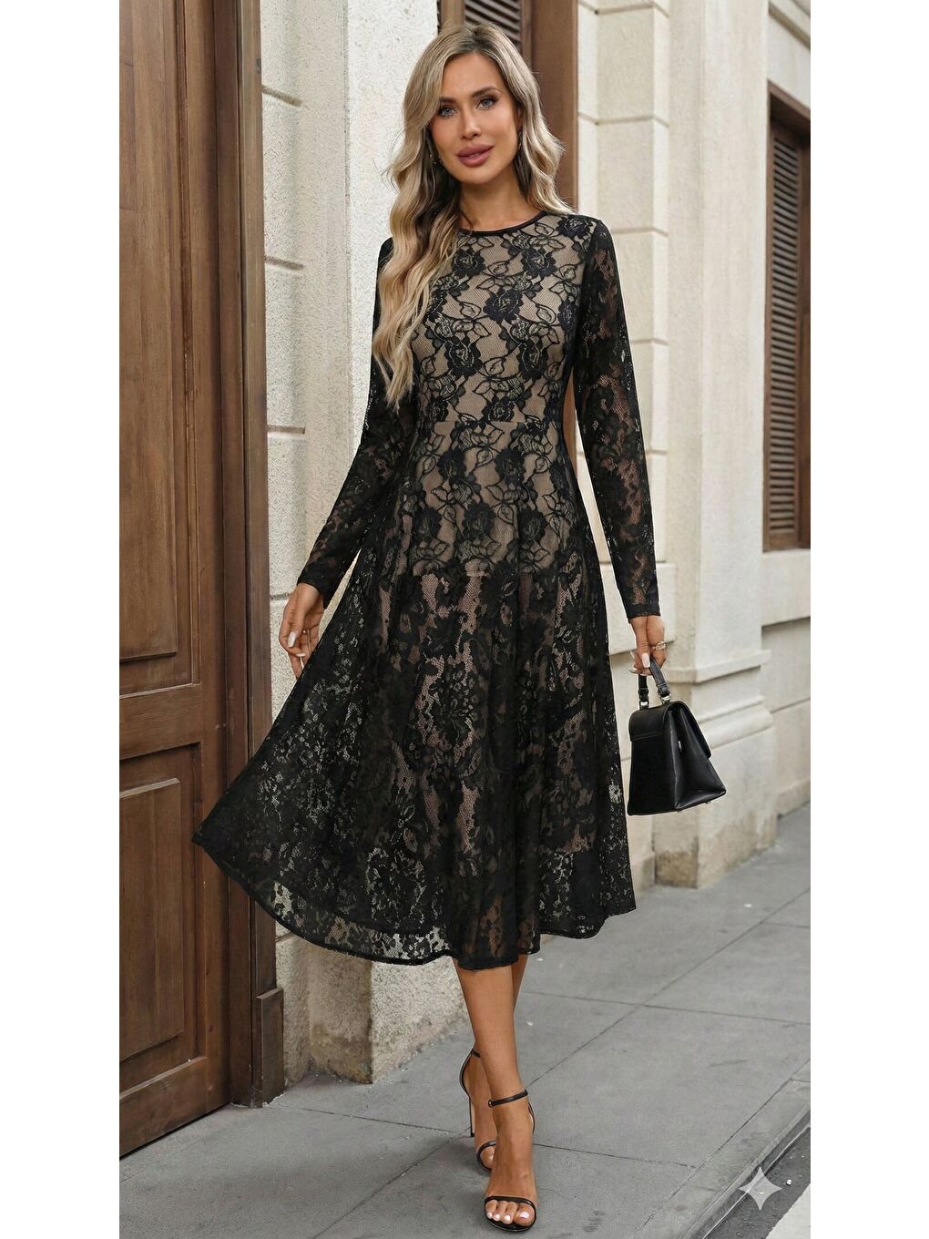 Siyah Kadın Uzun Kollu Bisiklet Yaka Dantelli Astarlı Midi Elbise