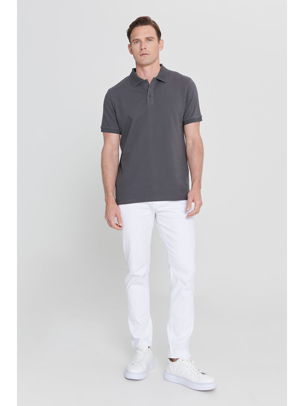 Erkek Antrasit Slim Fit Dar Kesim Polo Yaka %100 Pamuk Kısa Kollu Tişört-1
