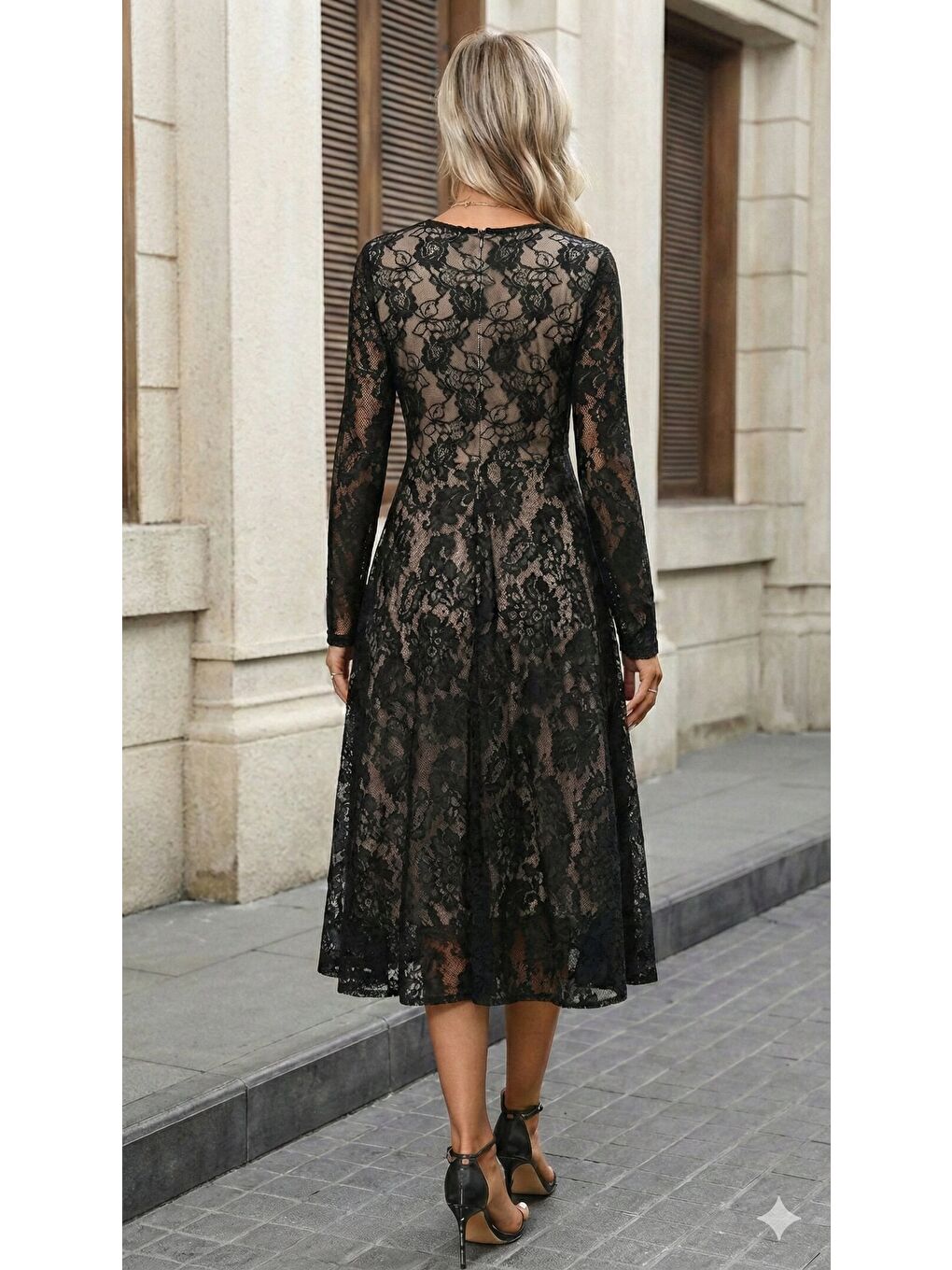 Siyah Kadın Uzun Kollu Bisiklet Yaka Dantelli Astarlı Midi Elbise-1
