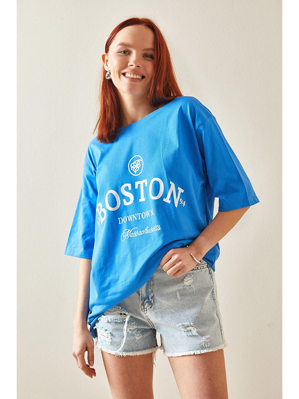 XHAN Mavi Bisiklet Yaka Yazılı Oversize T-Shirt 5YXK1-48209-12 - 2