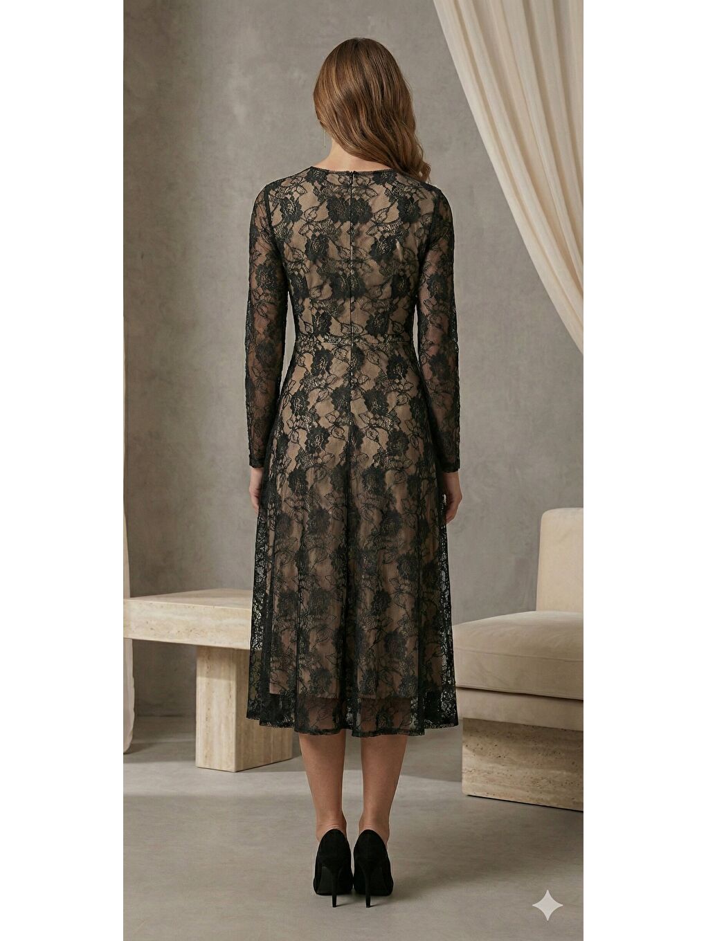 Siyah Kadın Uzun Kollu Bisiklet Yaka Dantelli Astarlı Midi Elbise-2
