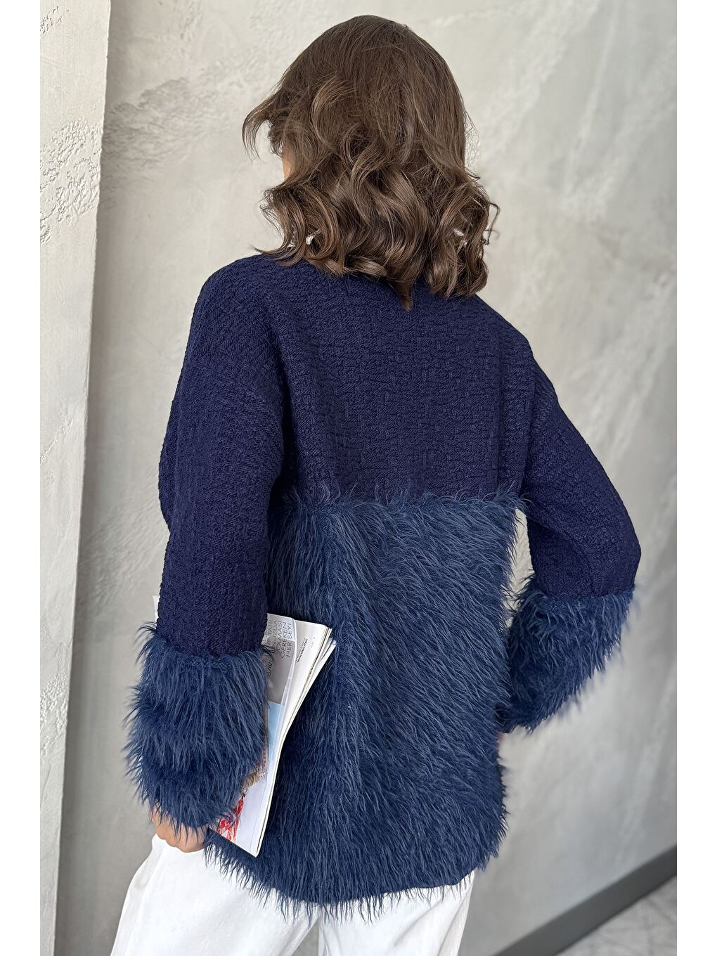 Lacivert Gül Detaylı Sakallı Kadın Triko Hırka-3