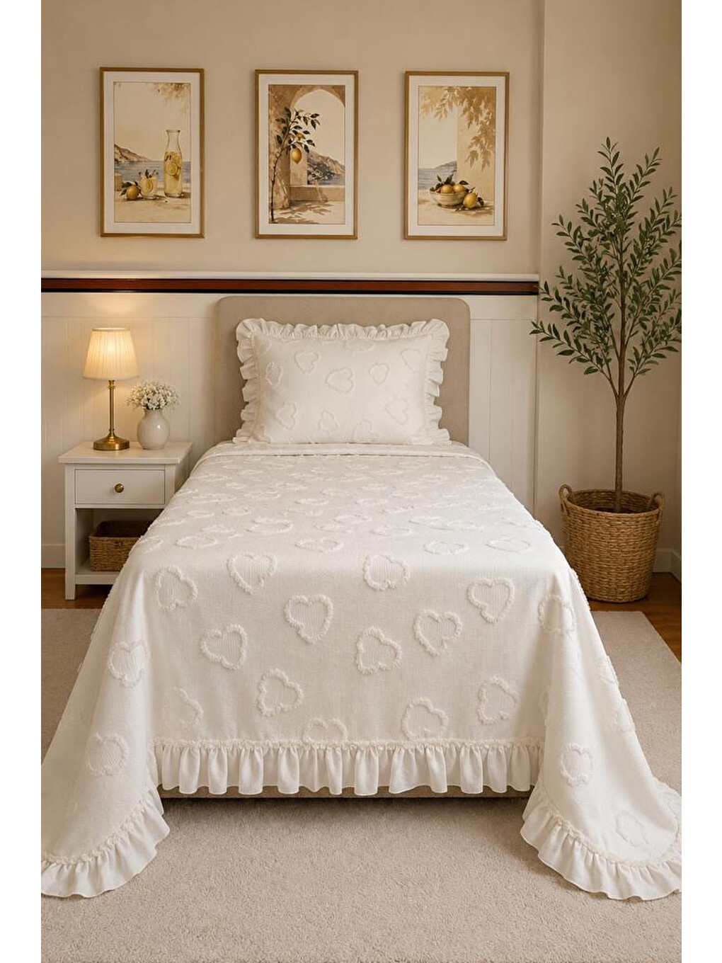 Ekru Ruffle Pure Love 2 Parça Tek Kişilik Pike Takımı Krem-1