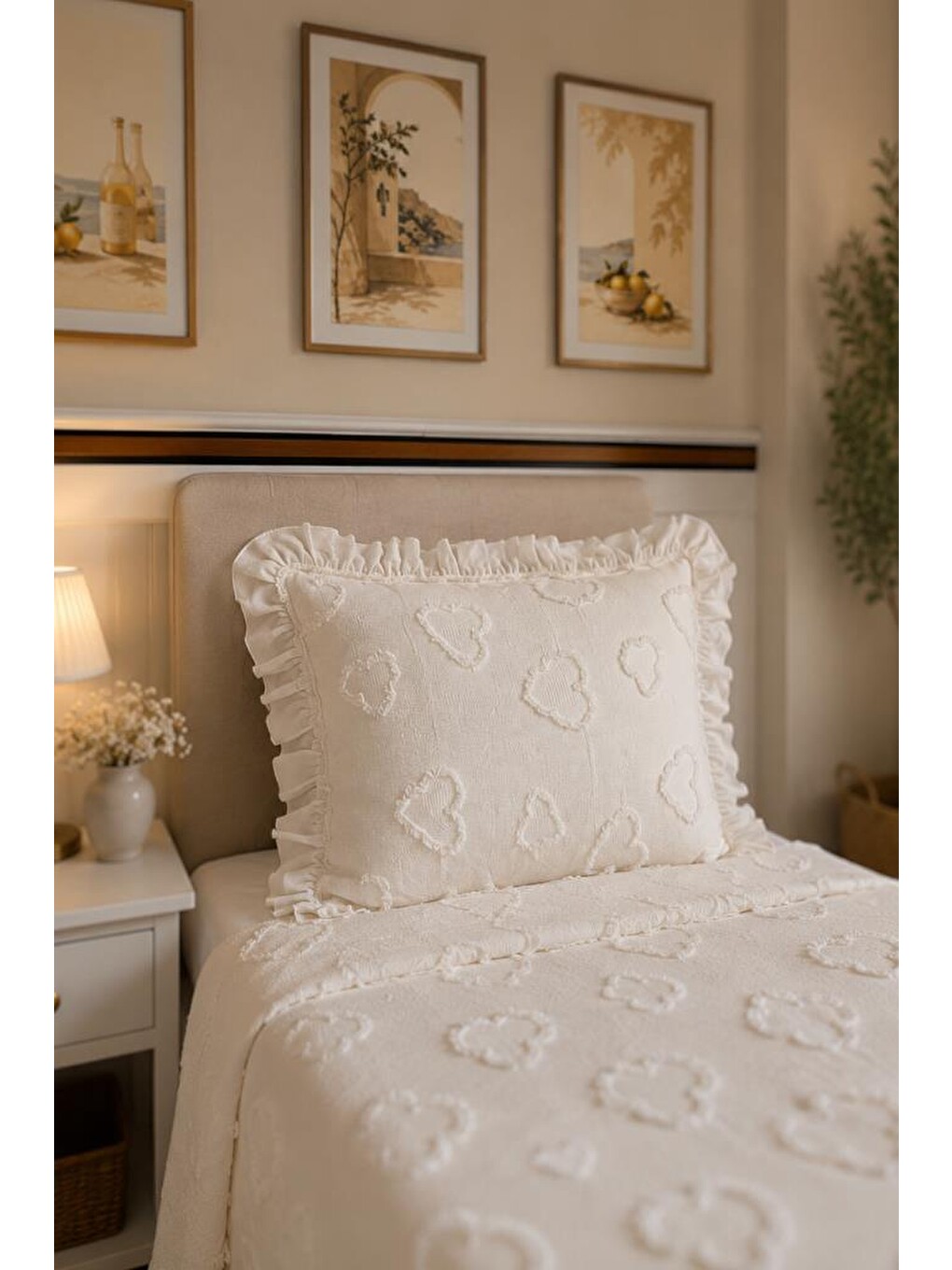 Ekru Ruffle Pure Love 2 Parça Tek Kişilik Pike Takımı Krem-2