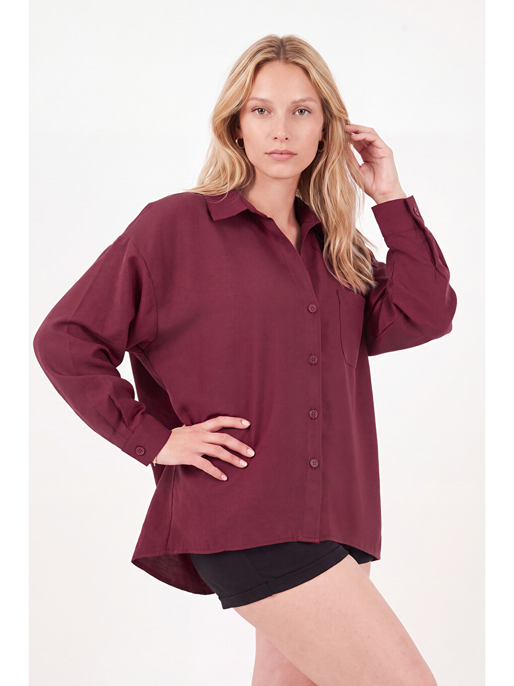 Bordo Modal Oversize Fit Uzun Kollu Kadın Gömlek 6834612-2