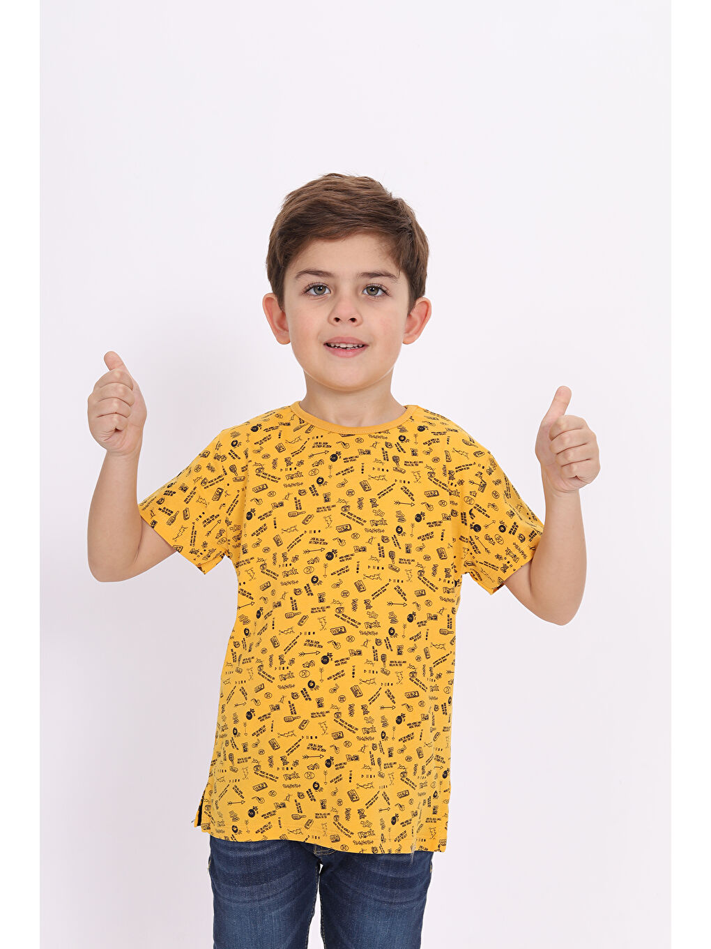 Sarı Erkek Çocuk Komple Baskılı Tişört-1