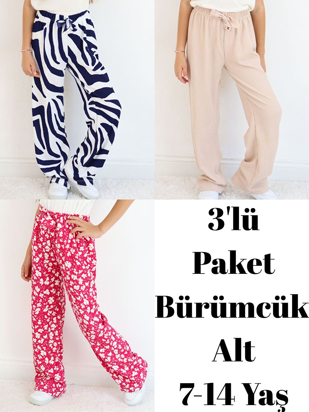 Gri Kız Çocuk Bürümcük Kumaş Bol Paça Rahat Model Tek Alt (3'lü Paket)