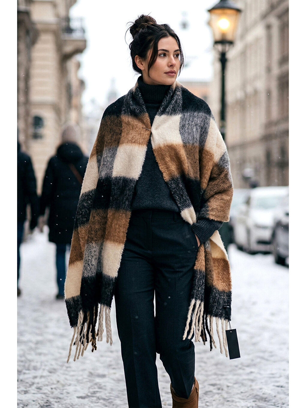 Püsküllü Buklet Atkı Şal 45X190 cm 1304 Kahverengi