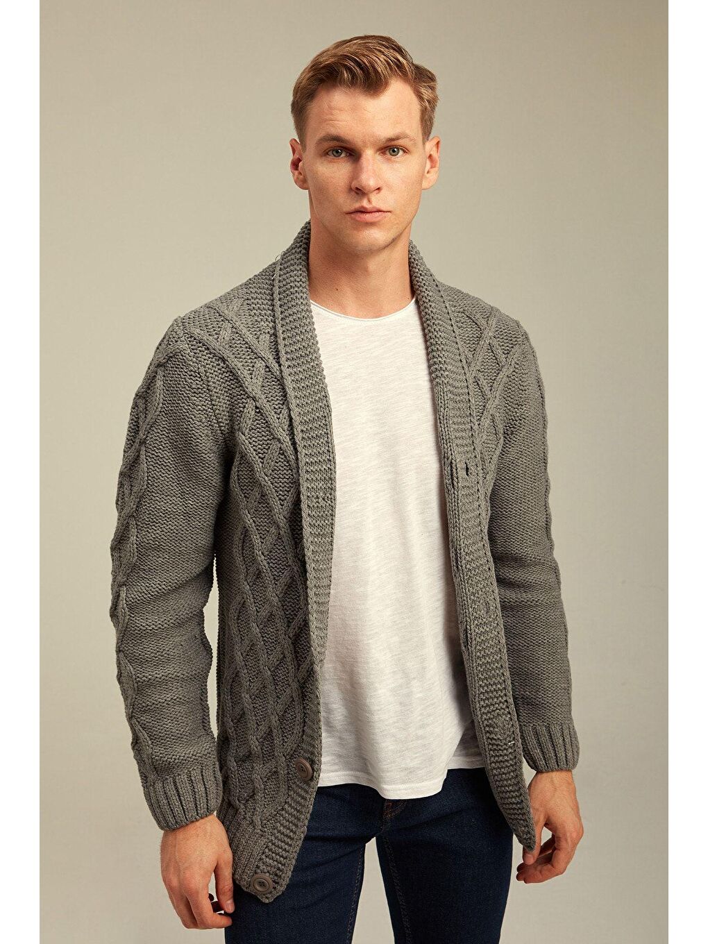 Erkek Antrasit Baklava Desen Yaka Cepli Triko Hırka