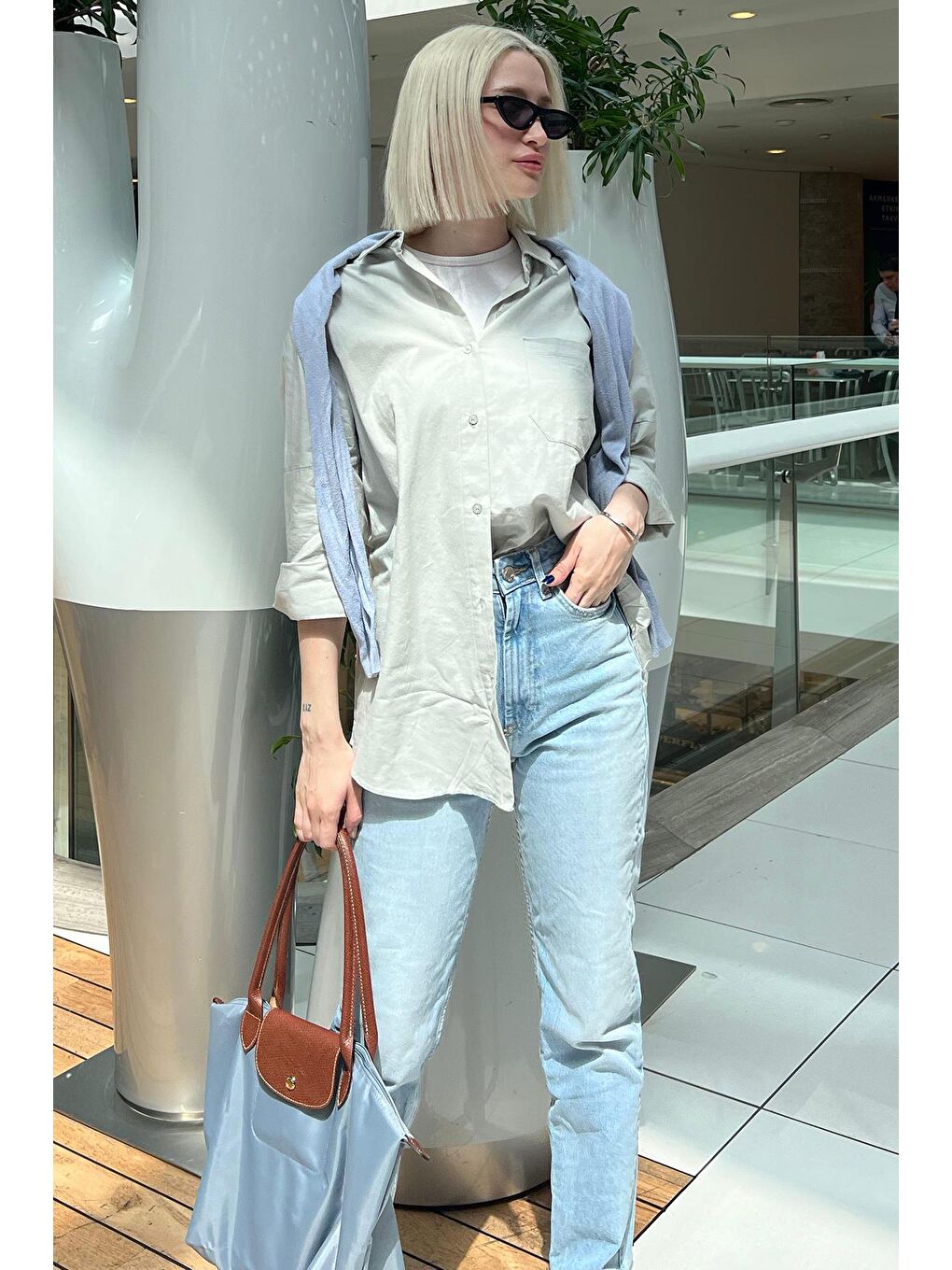 Gri Oversize Basic Cepli Poplin Gömlek Mg1530