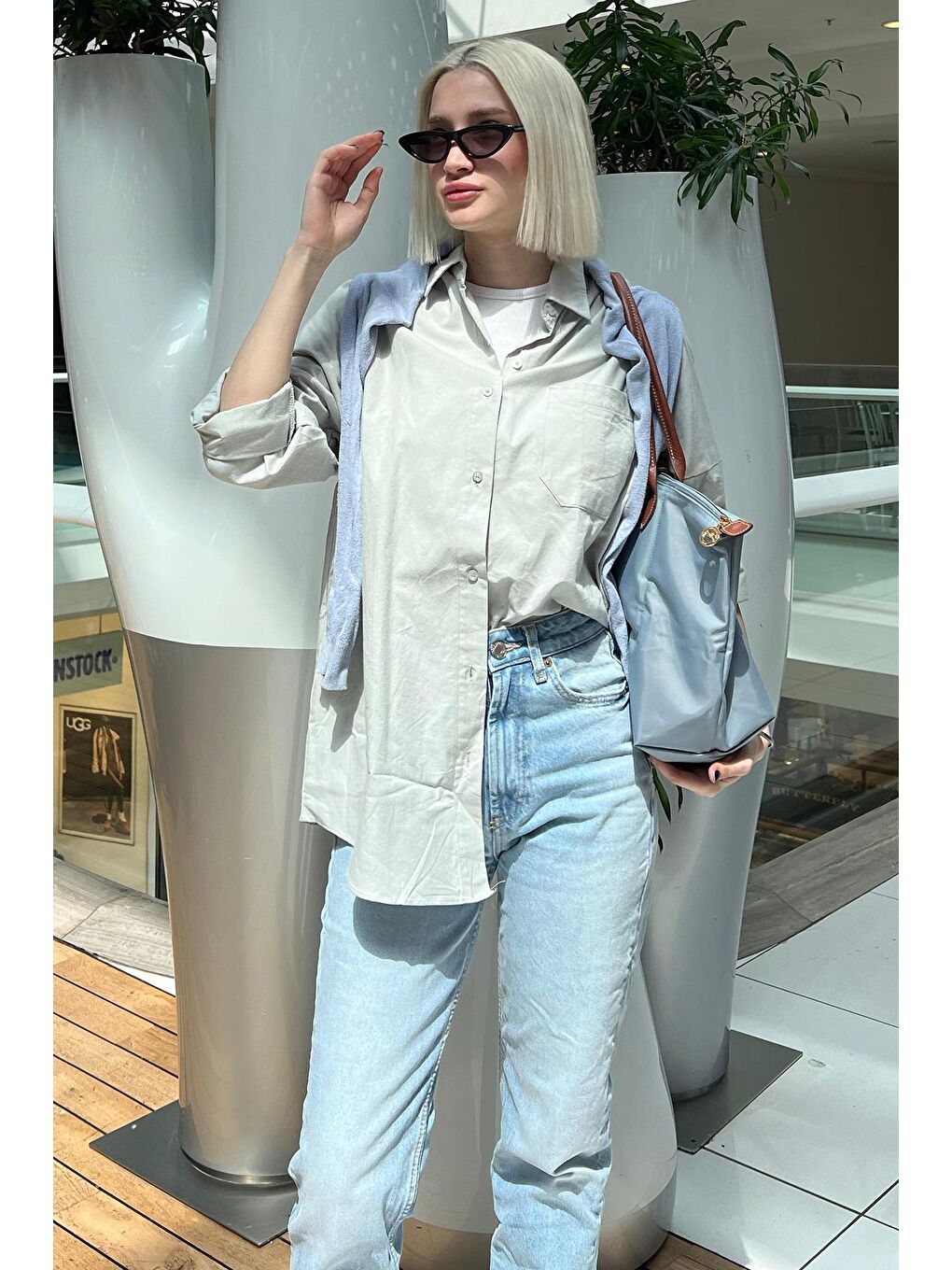 Gri Oversize Basic Cepli Poplin Gömlek Mg1530-1