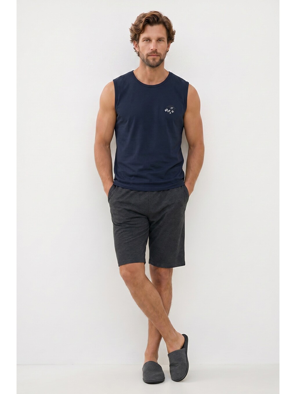 Erkek Standart Fit Normal Kesim Kısa Kollu Pamuklu Baskılı Lacivert Siyah Pijama Takımı-1