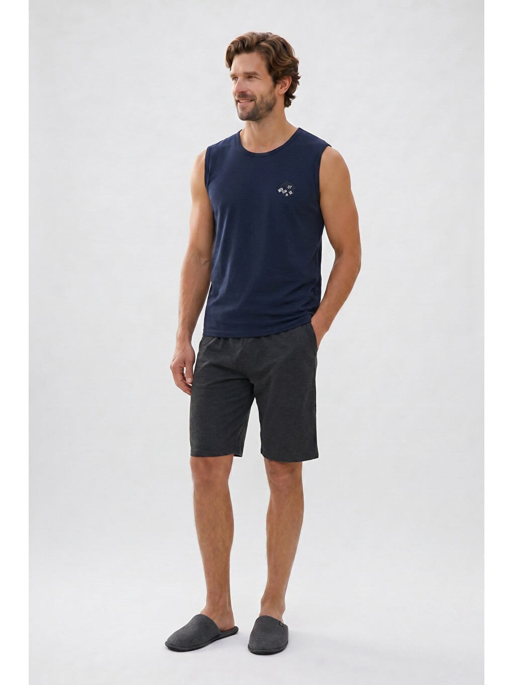 Erkek Standart Fit Normal Kesim Kısa Kollu Pamuklu Baskılı Lacivert Siyah Pijama Takımı-2