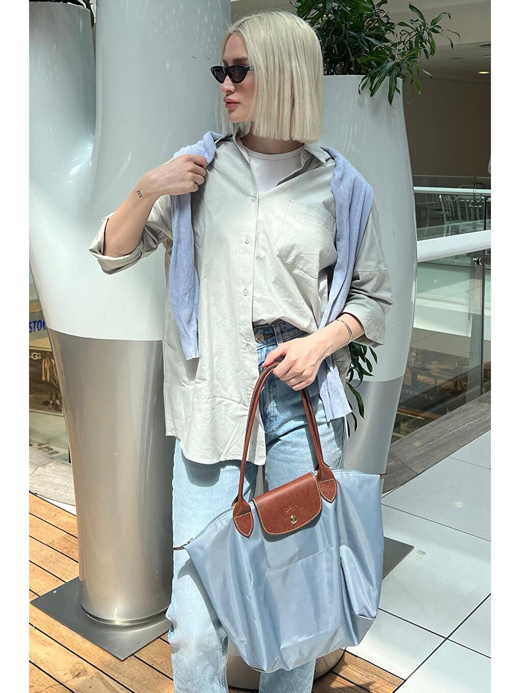 Gri Oversize Basic Cepli Poplin Gömlek Mg1530-2