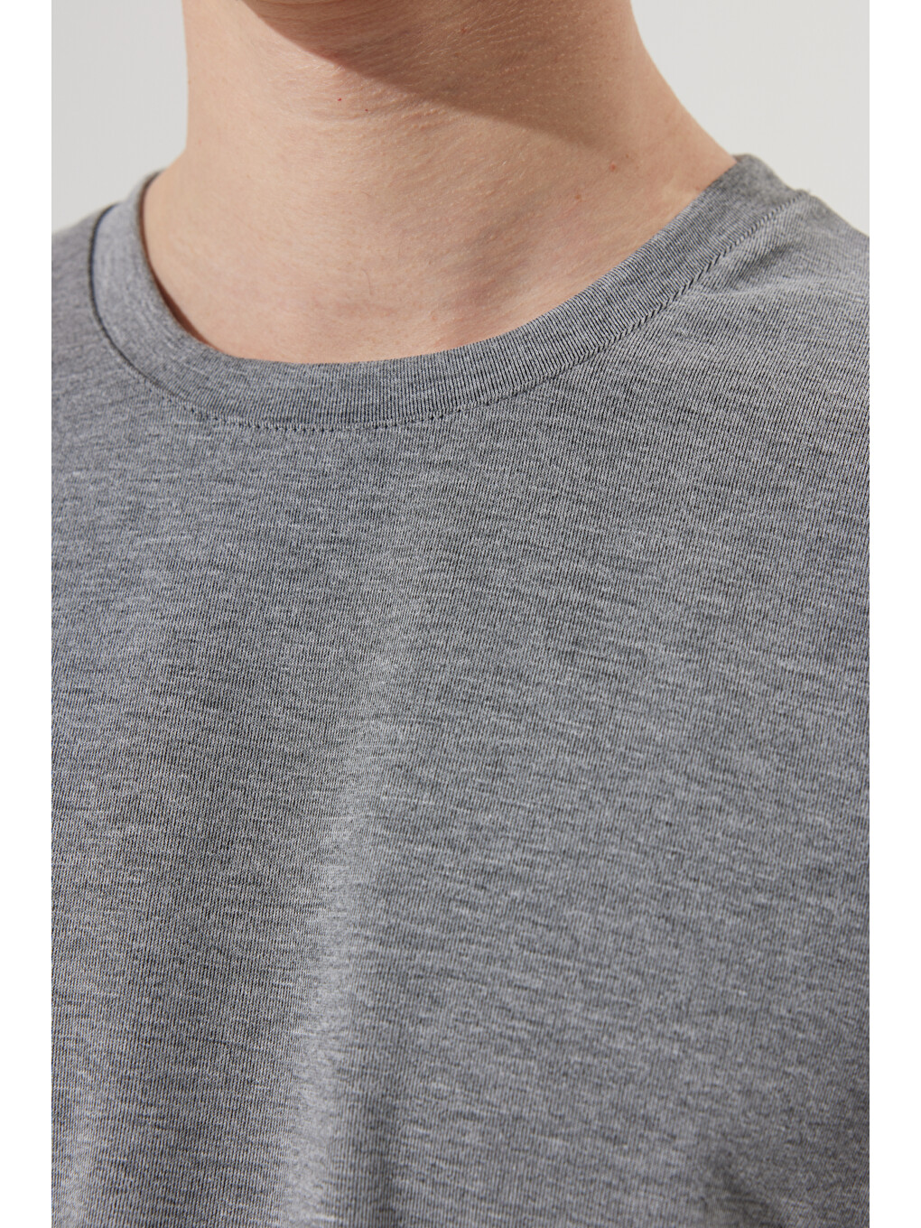 Erkek Gri Melanj Oversize Bol Kesim Bisiklet Yaka Kısa Kollu Sweatshirt-3