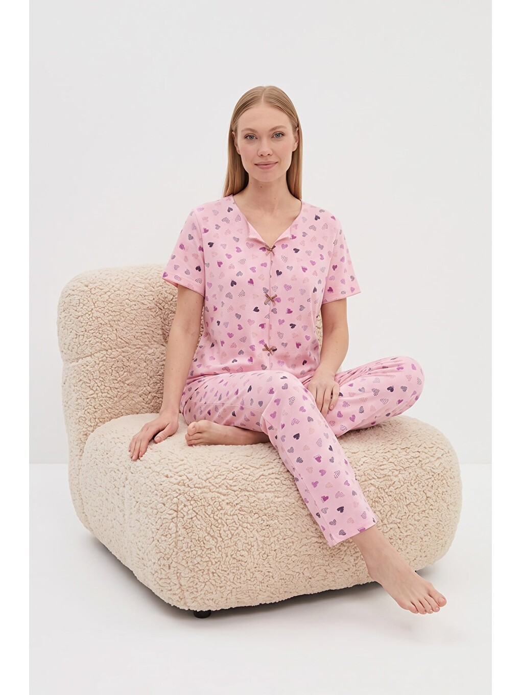 Pembe Kalp Desenli Kısa Kol Pijama Takımı