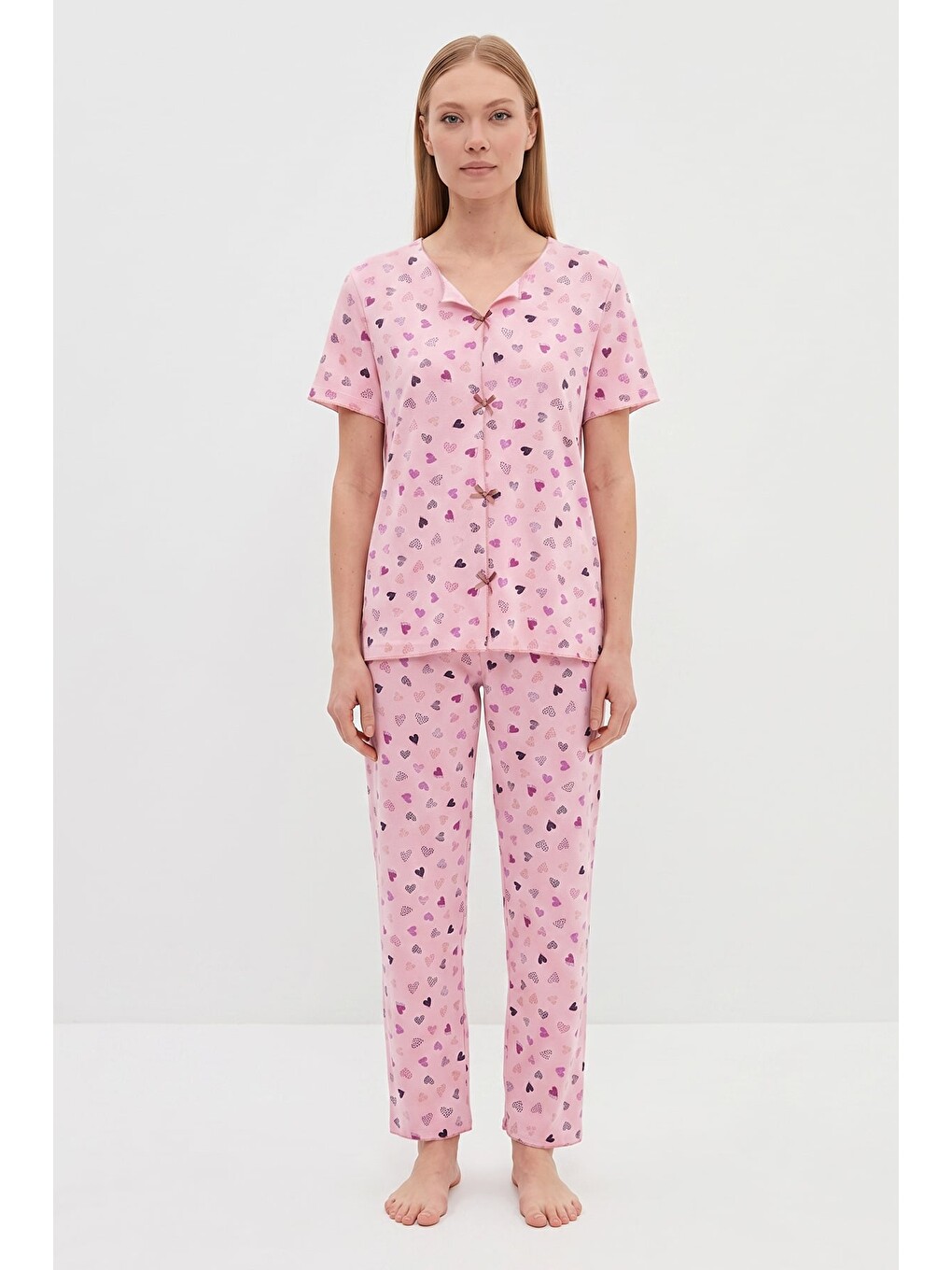 Pembe Kalp Desenli Kısa Kol Pijama Takımı-1