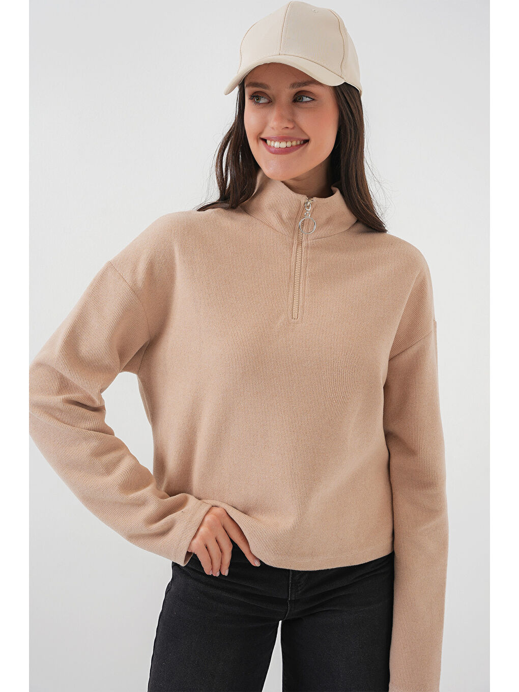 Sarı 55449 Fermuarlı Yaka Örme Sweatshirt - Camel
