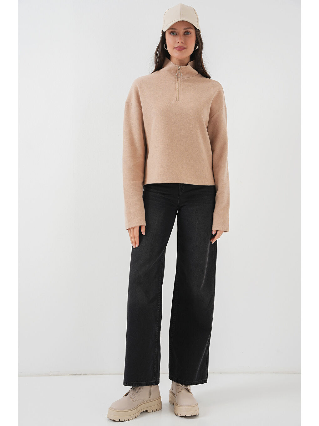 Sarı 55449 Fermuarlı Yaka Örme Sweatshirt - Camel-1