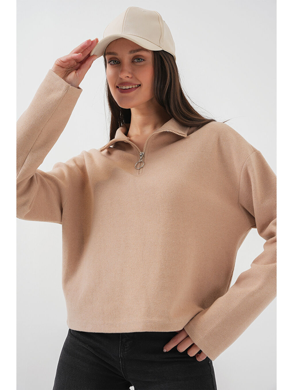 Sarı 55449 Fermuarlı Yaka Örme Sweatshirt - Camel-2