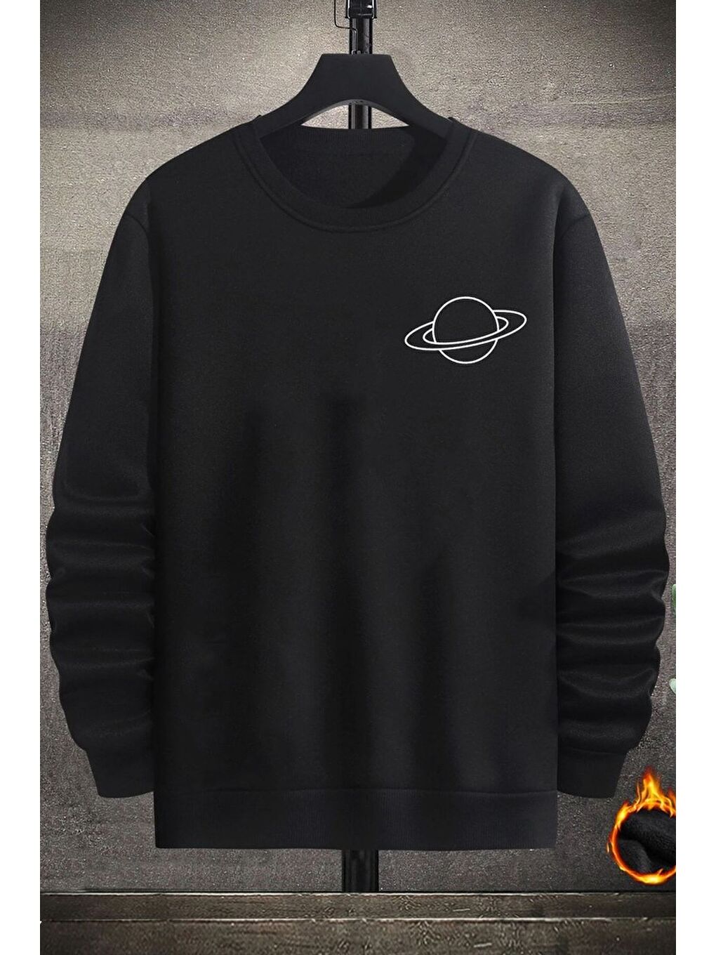 uyguntarz Siyah Unisex Saturn Baskılı Bisiklet Yaka Sweatshirt