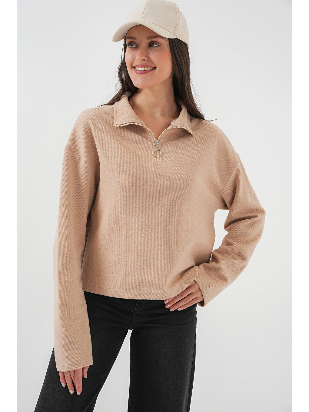 Sarı 55449 Fermuarlı Yaka Örme Sweatshirt - Camel-3