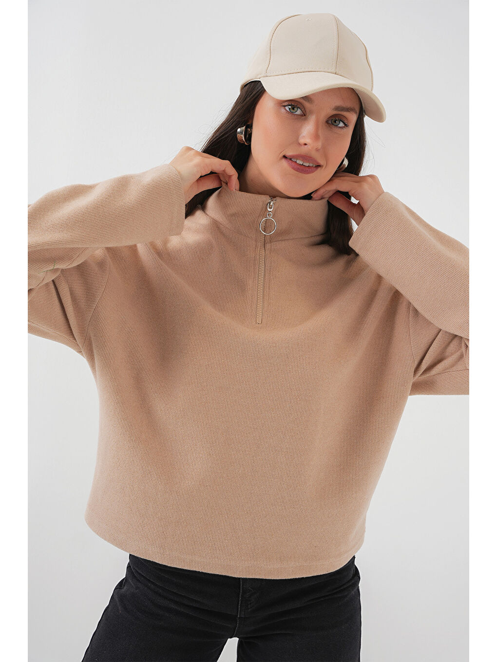 Sarı 55449 Fermuarlı Yaka Örme Sweatshirt - Camel-4