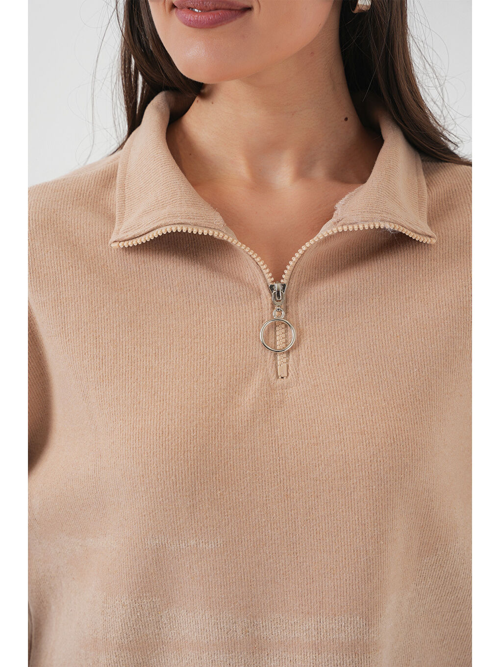 Sarı 55449 Fermuarlı Yaka Örme Sweatshirt - Camel-5