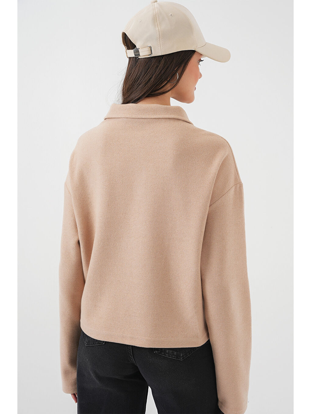 Sarı 55449 Fermuarlı Yaka Örme Sweatshirt - Camel-6