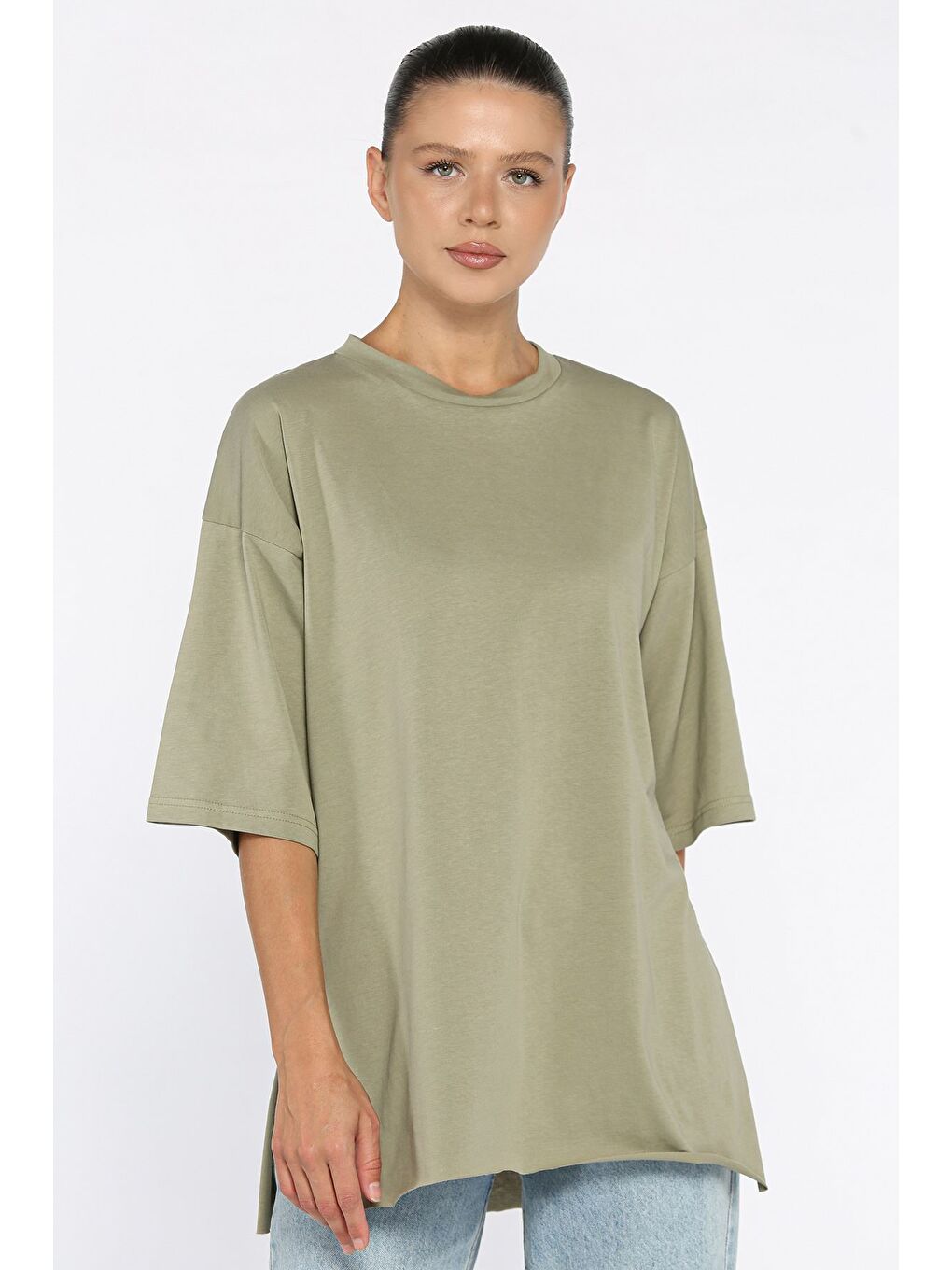 Haki Kadın Bisiklet Yaka Yan Yırtmaç Detaylı Salaş T-shirt-1