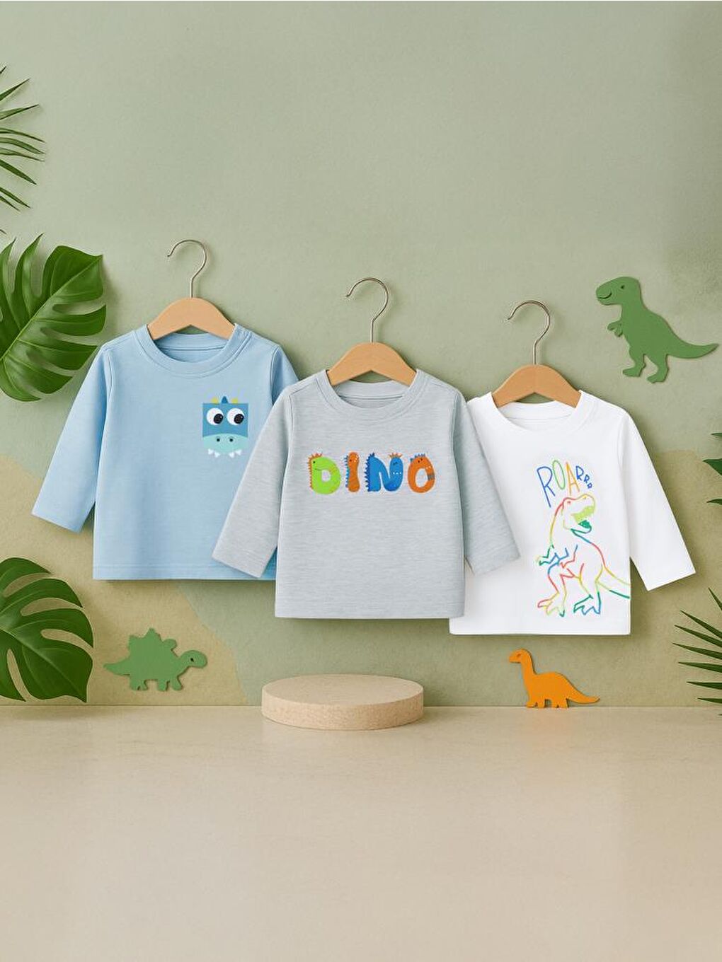 Beyaz Baby Dıno Baskılı 3'lü Set 6-18 Ay Sweatshirt-4