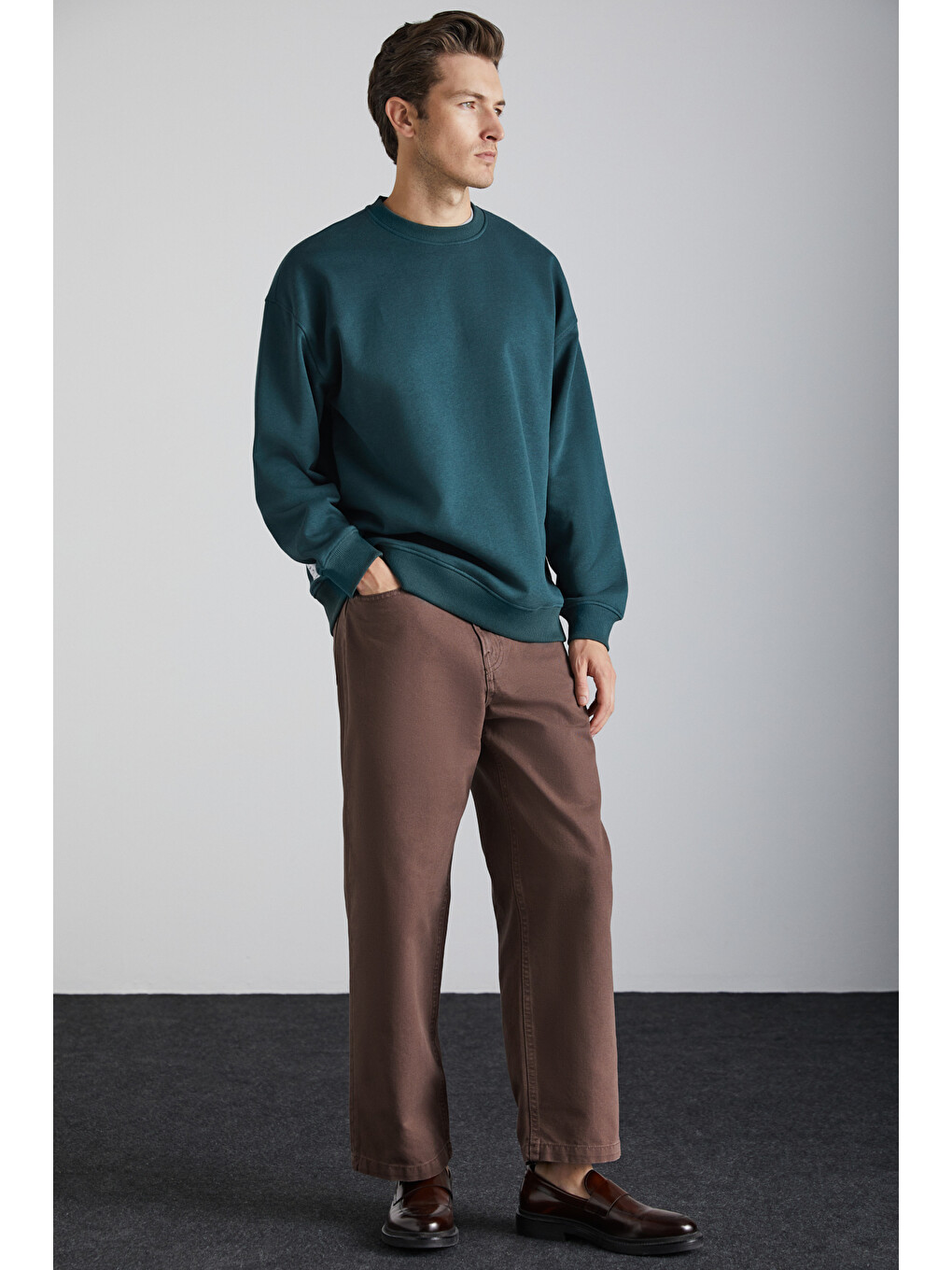 Stephan Erkek Yumuşacık Kumaşlı Organik Pamuklu Oversize Fit Yuvarlak Yakalı Koyu Yeşil Sweatshirt-2