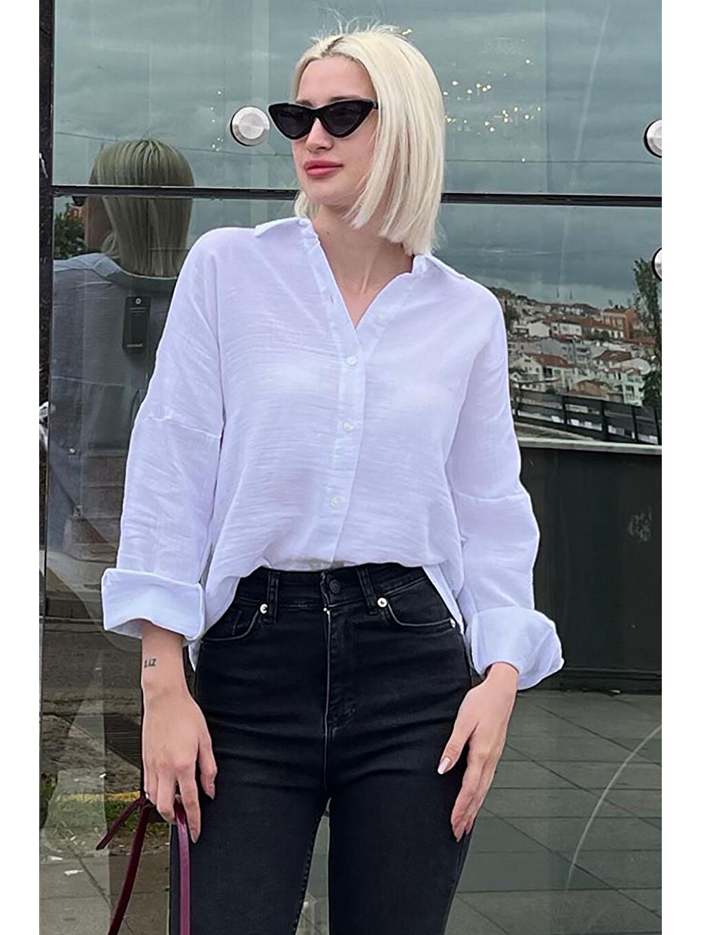 Beyaz Muslin Kumaş Basic Kadın Gömlek Mg1660-1