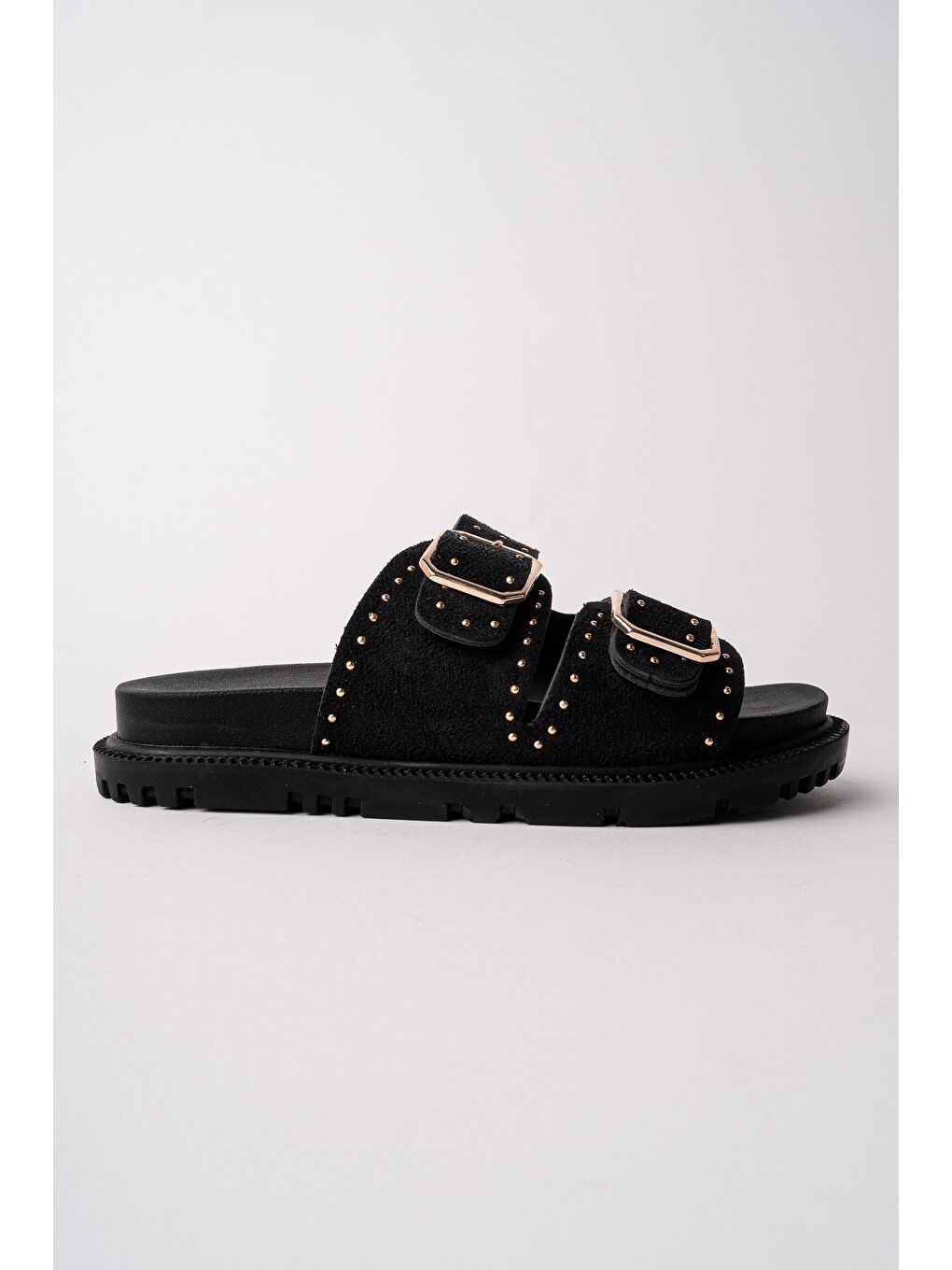 Siyah ESTİVA Ayarlanabilir Çift Tokalı Zımbalı Günlük Kadın Terlik