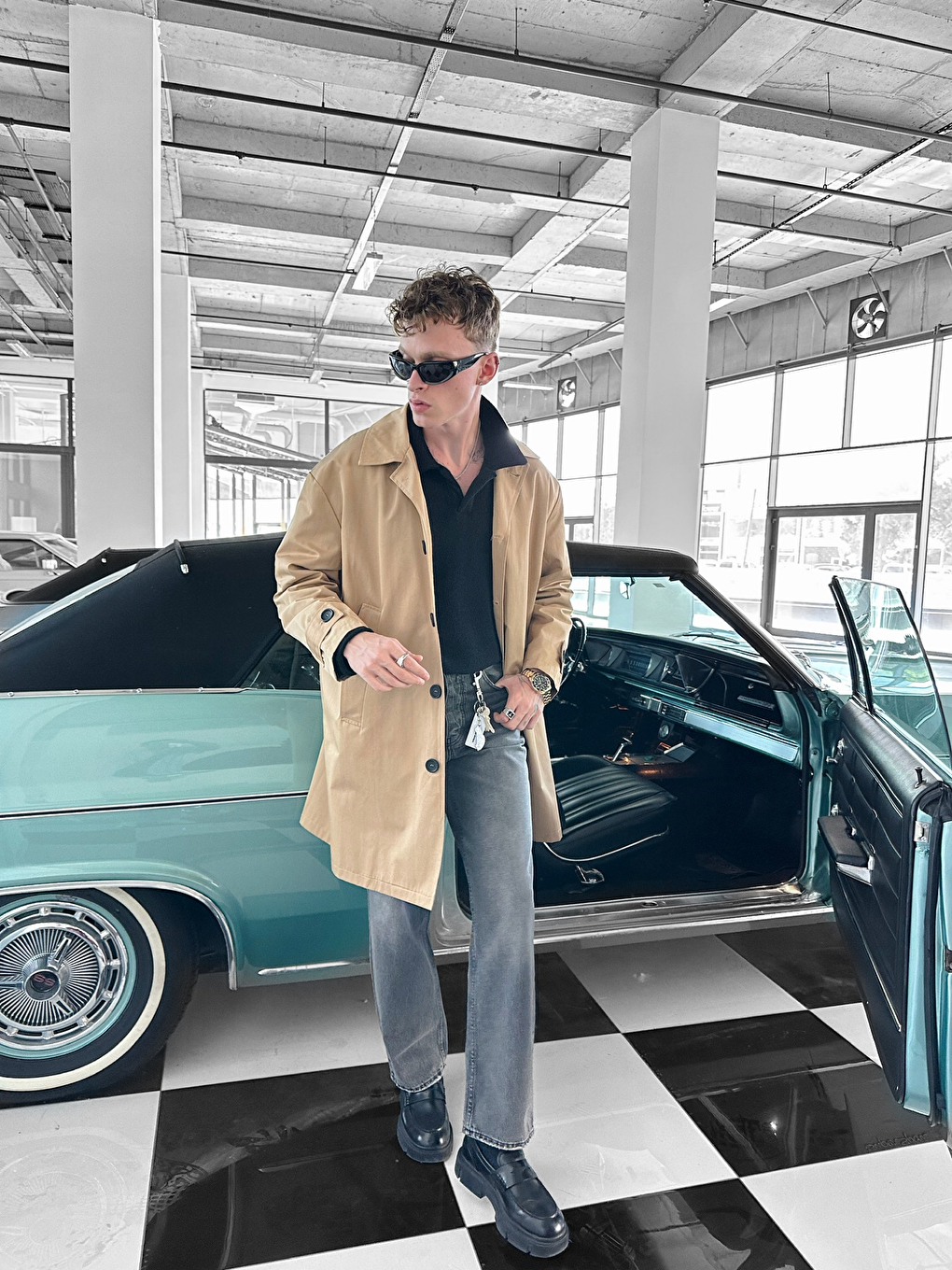 Erkek Oversize Uzun Su ve Rüzgar Geçirmez Pardesü Trençkot Bej-1