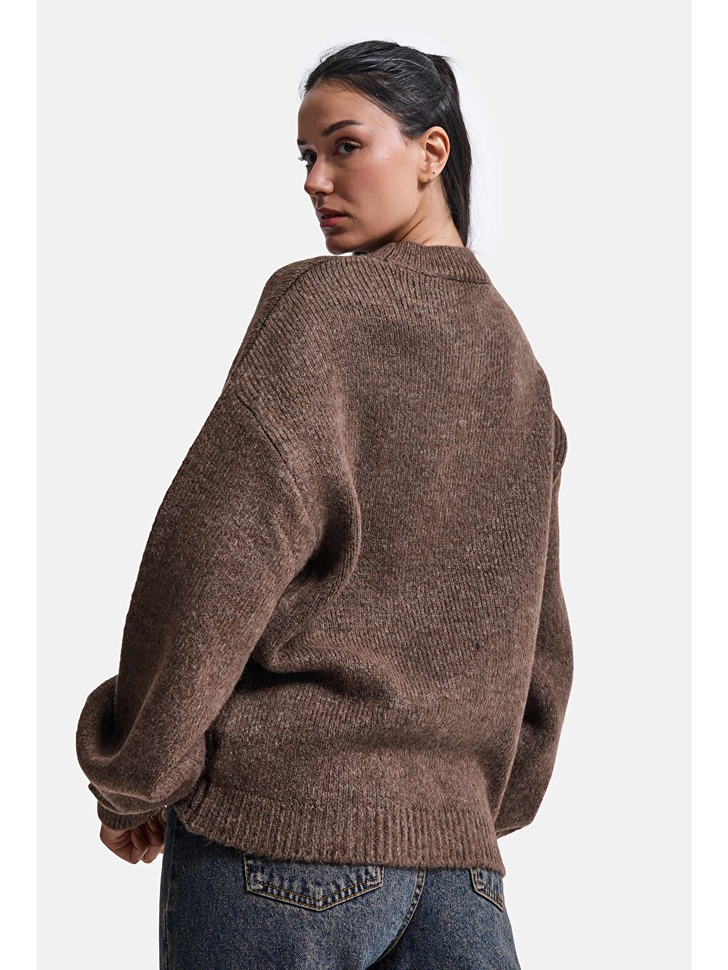 Kahverengi Kadın Kahve W6-16 Oversize Aksesuar Detaylı Tasarım Triko Kazak-3