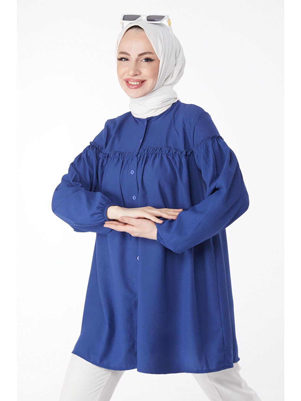 Hakim Yaka Kadın Mavi Büzgülü Gömlek - 13136-1