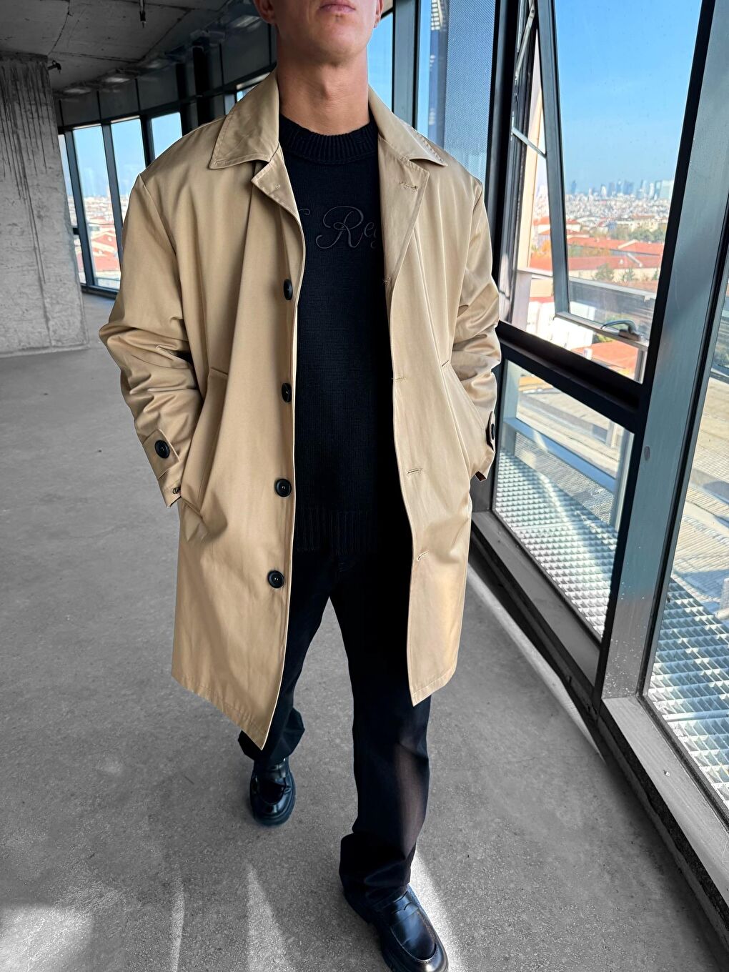 Erkek Oversize Uzun Su ve Rüzgar Geçirmez Pardesü Trençkot Bej-3