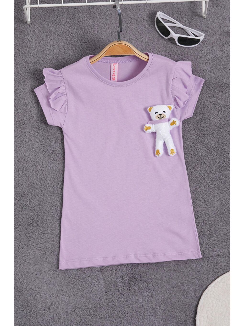 Lila Pelüş Ayıcıklı Fırfırlı Kız Çocuk T-shirt 15536