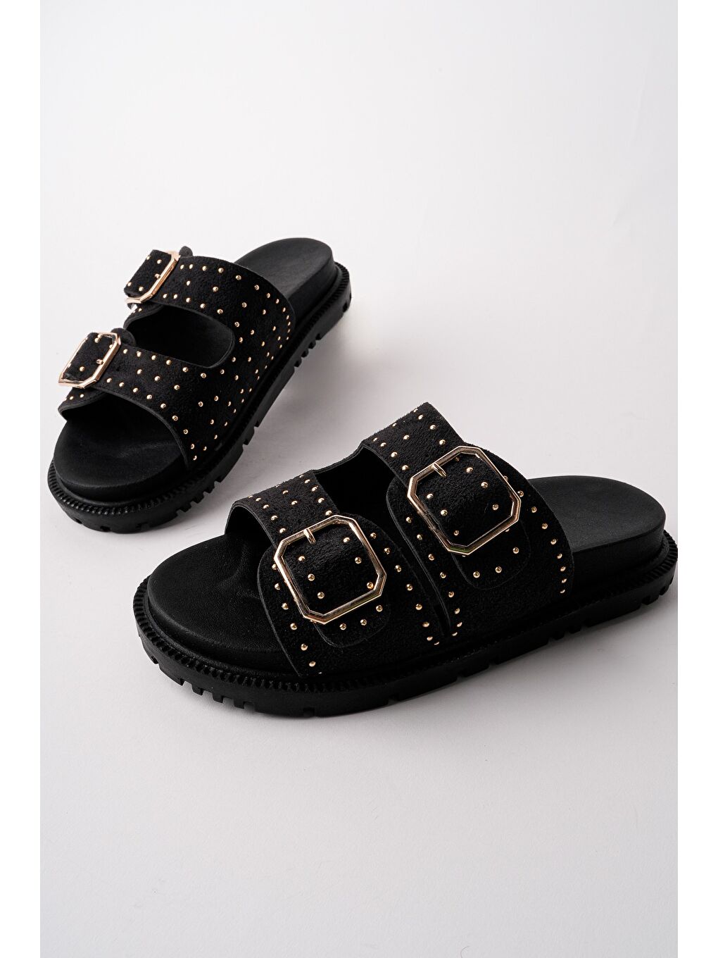 Siyah ESTİVA Ayarlanabilir Çift Tokalı Zımbalı Günlük Kadın Terlik-4