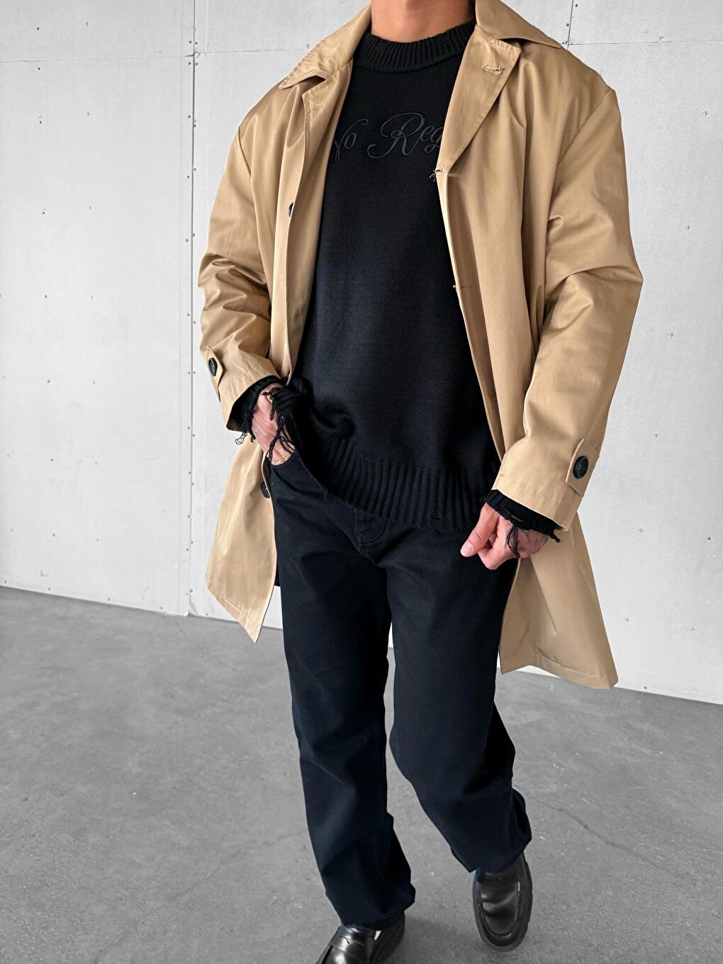 Erkek Oversize Uzun Su ve Rüzgar Geçirmez Pardesü Trençkot Bej-4