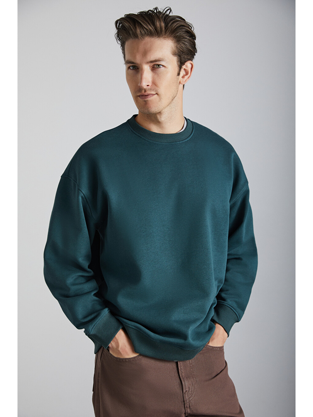 Stephan Erkek Yumuşacık Kumaşlı Organik Pamuklu Oversize Fit Yuvarlak Yakalı Koyu Yeşil Sweatshirt-3